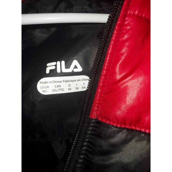 Fila Men's Puffer Jacket XXL Vintage 90s Full Zip Hidden Hood Pockets Black Red - Picture 9 of 11